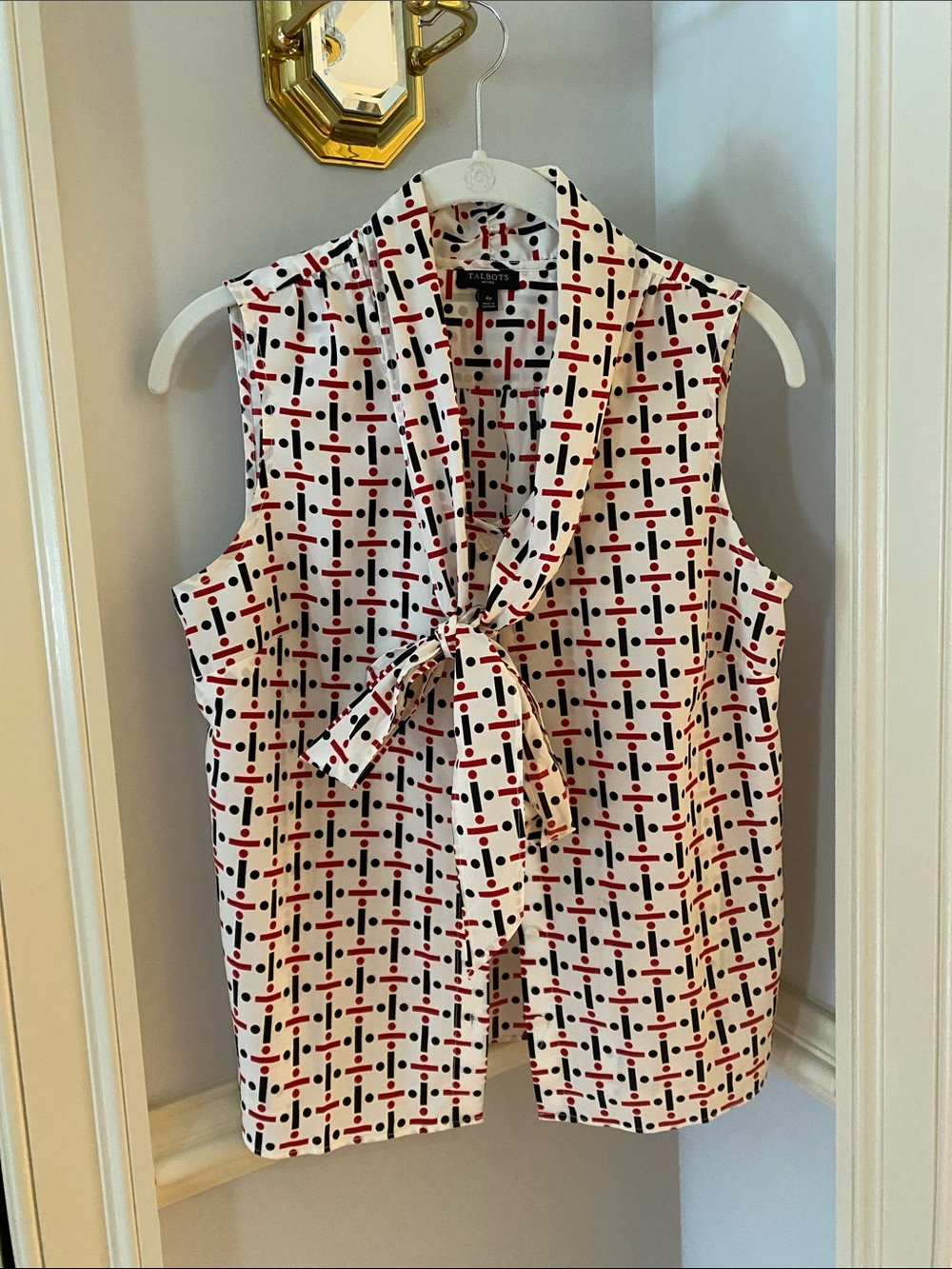 Talbots White Sleeveless Tie-Neck Camisole with Red & Black Geometric Print